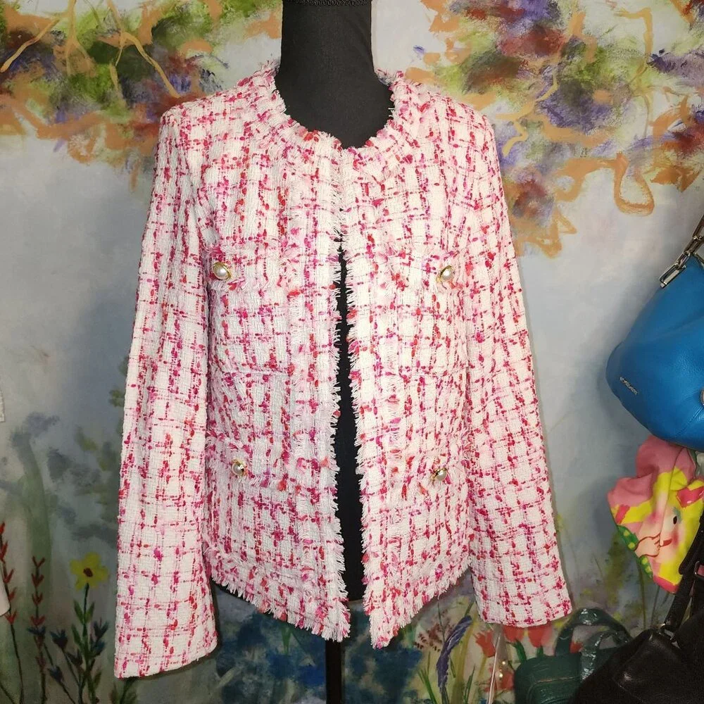 Nanette Lepore Women's Tweed Jacket Pearl Button Accents Fringe Details Size 6 - Picture 2 of 11
